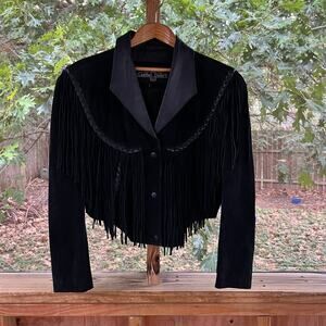 Leather Gallery Women's Vintage Black Cropped Leather Fringe Trim Jacket Size L